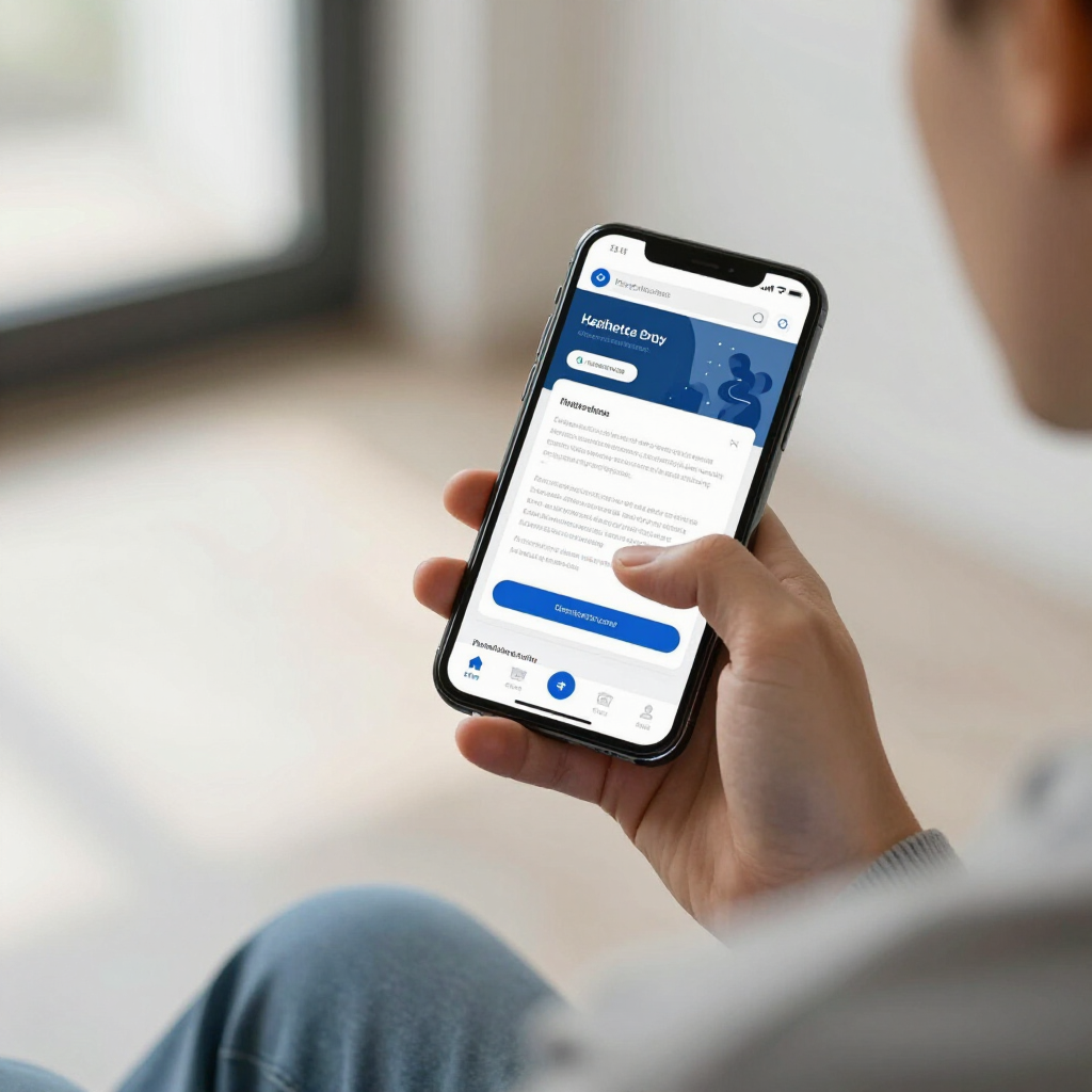 A person holds a smartphone displaying an app interface with blue accents, focused on a message screen.
