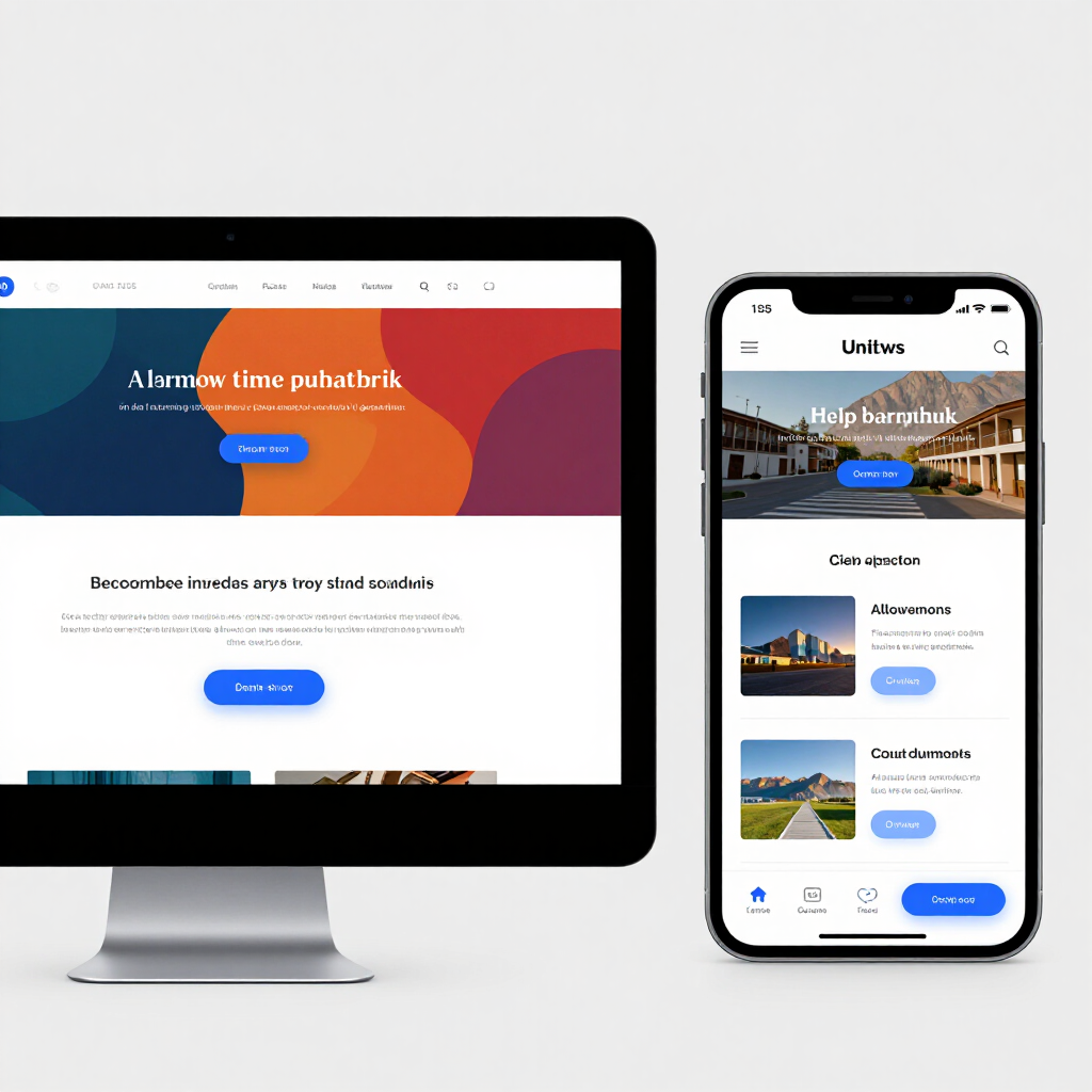 A desktop monitor and a smartphone screen side-by-side, both displaying the same responsive travel website design.