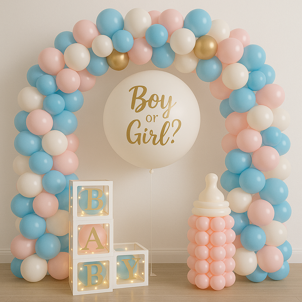 There is a balloon that says `` boy or girl '' on it.