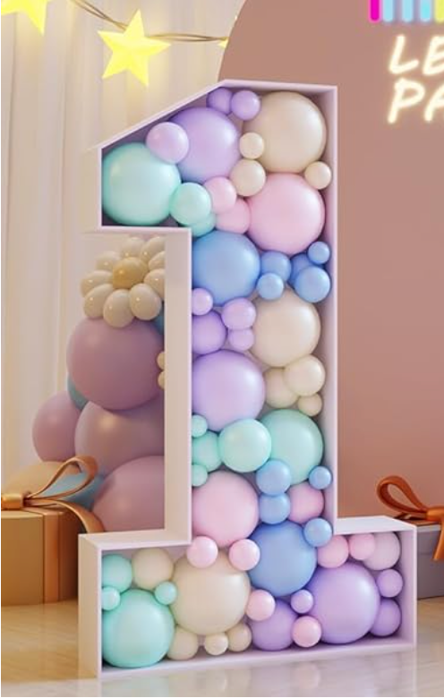 The number 1 is made up of balloons of different colors