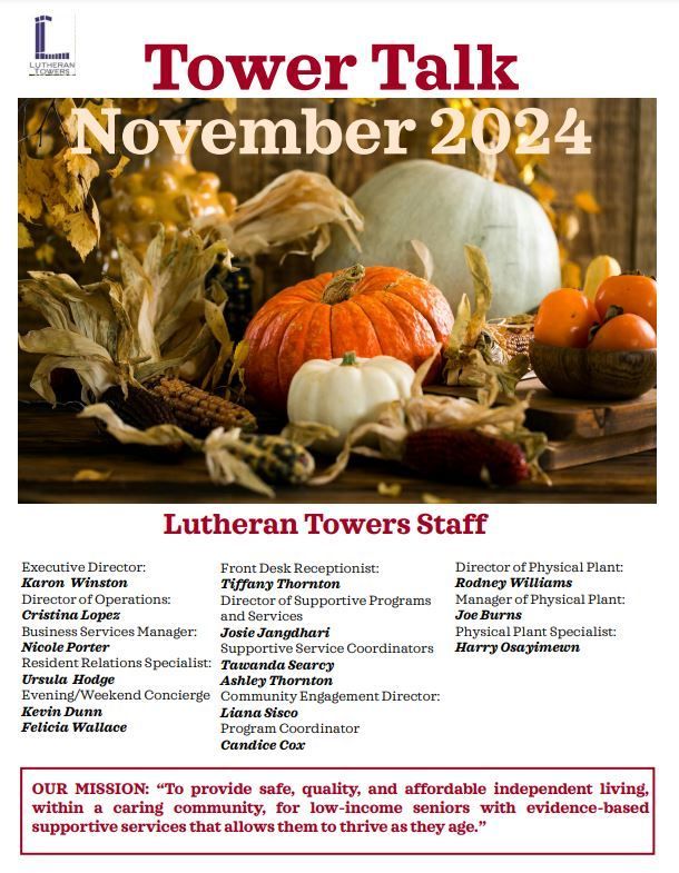 Lutheran Towers newsletter cover with pumpkins, text, and staff names. November 2024 edition.