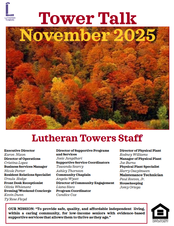 Tower Talk newsletter cover, November 2025. Autumn trees, Lutheran Towers staff list.