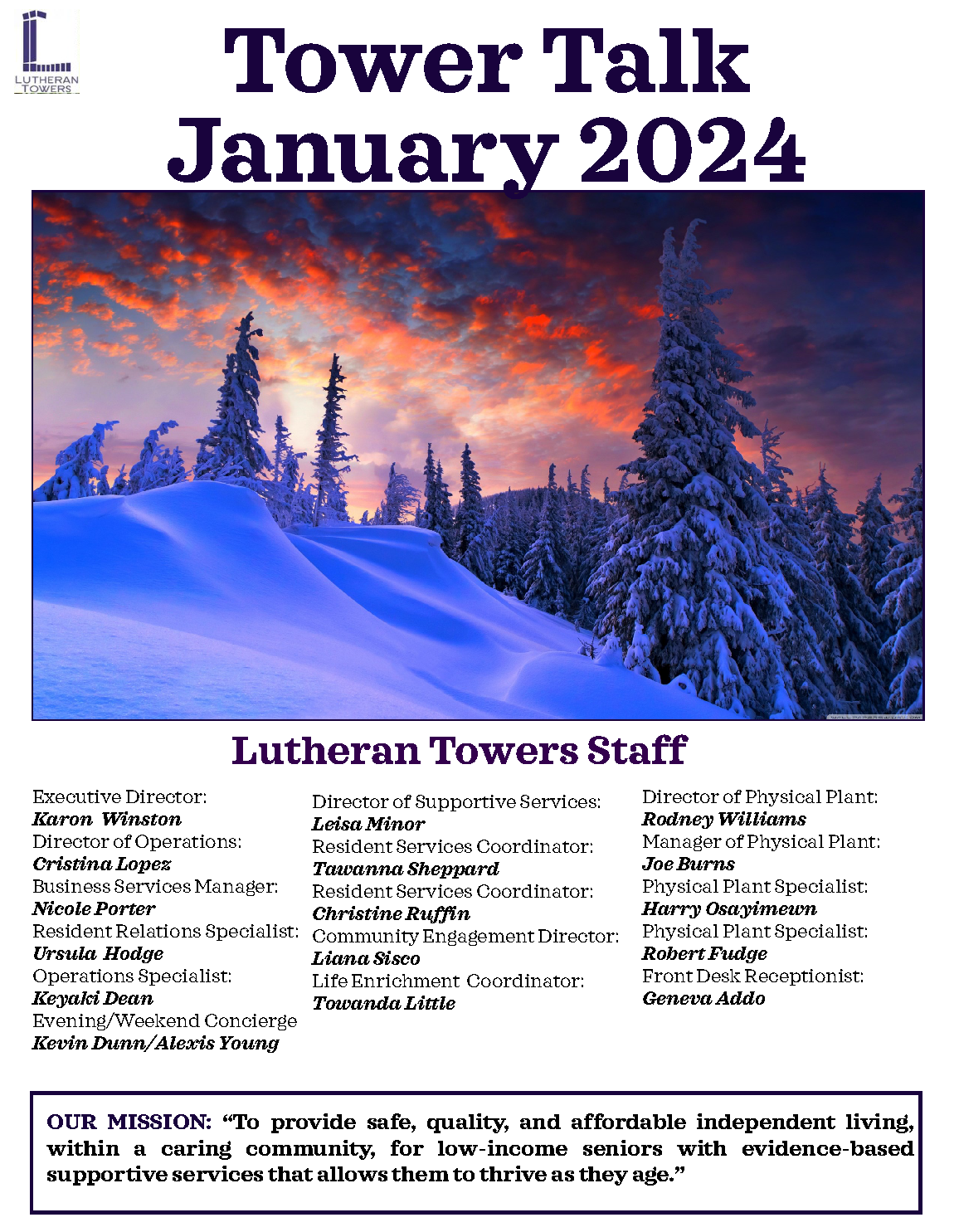 Tower Talk newsletter, January 2024, with snow-covered landscape and Lutheran Towers staff list.