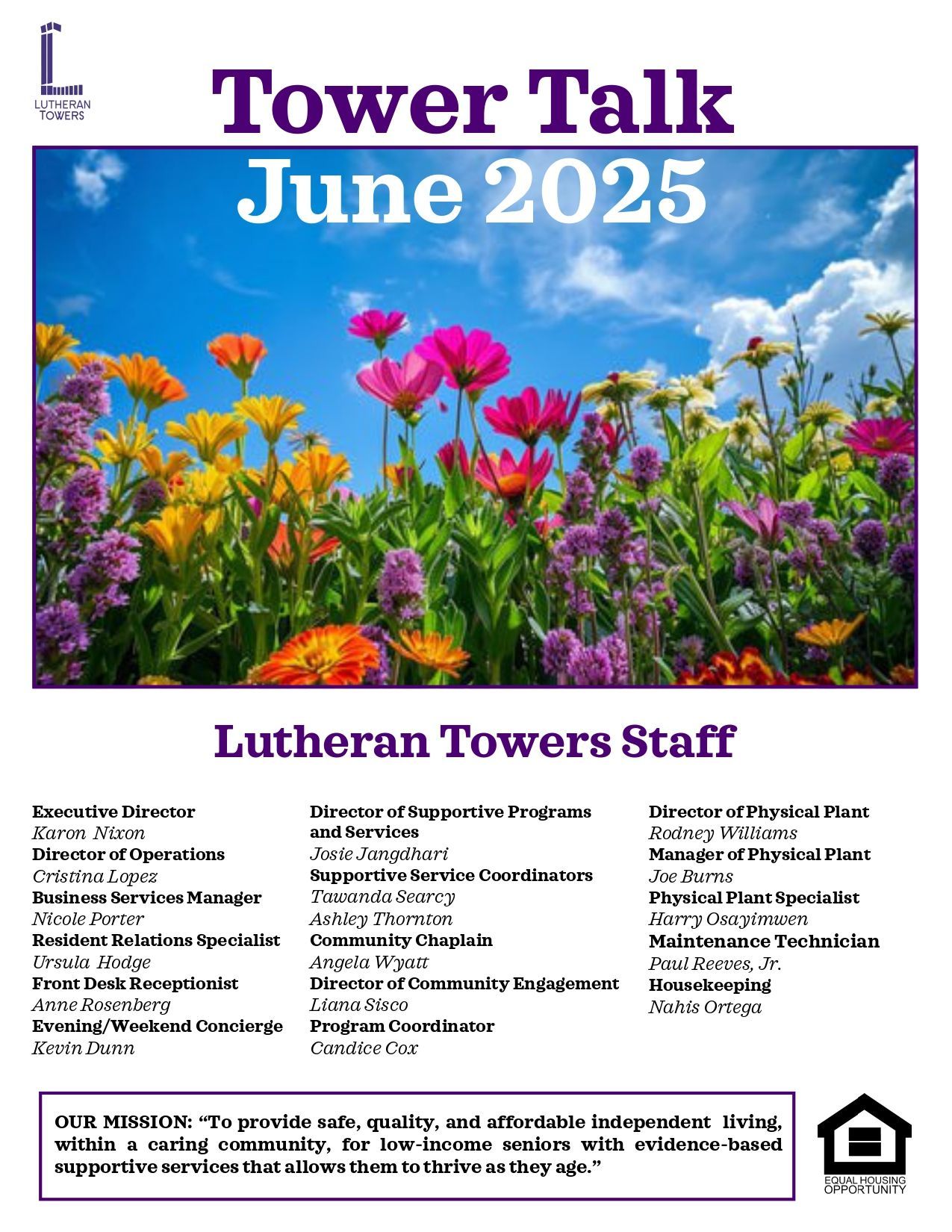 A poster for tower talk for June 2025 with a picture of flowers on it.