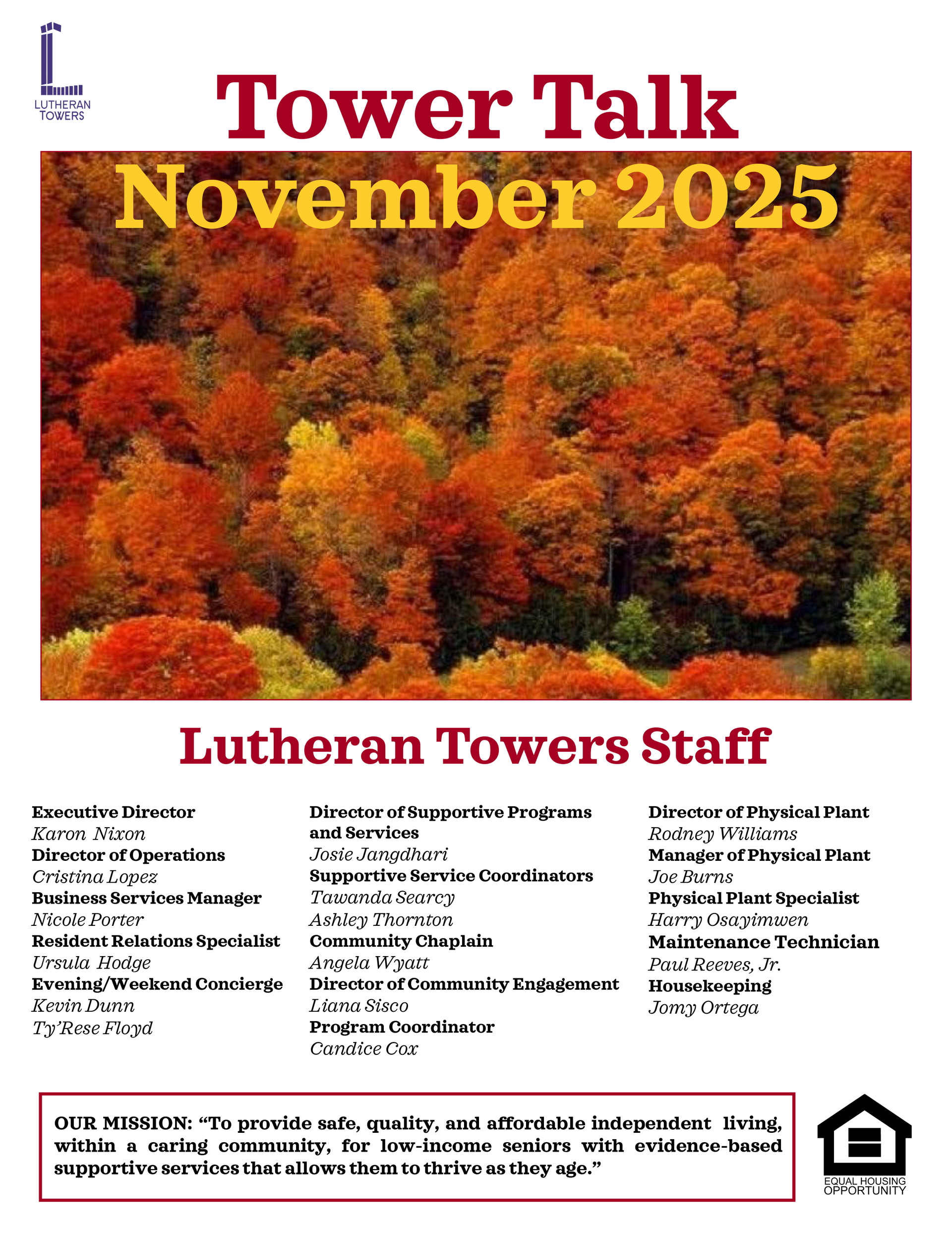 Tower Talk newsletter for November 2025 with fall foliage background and staff listing.