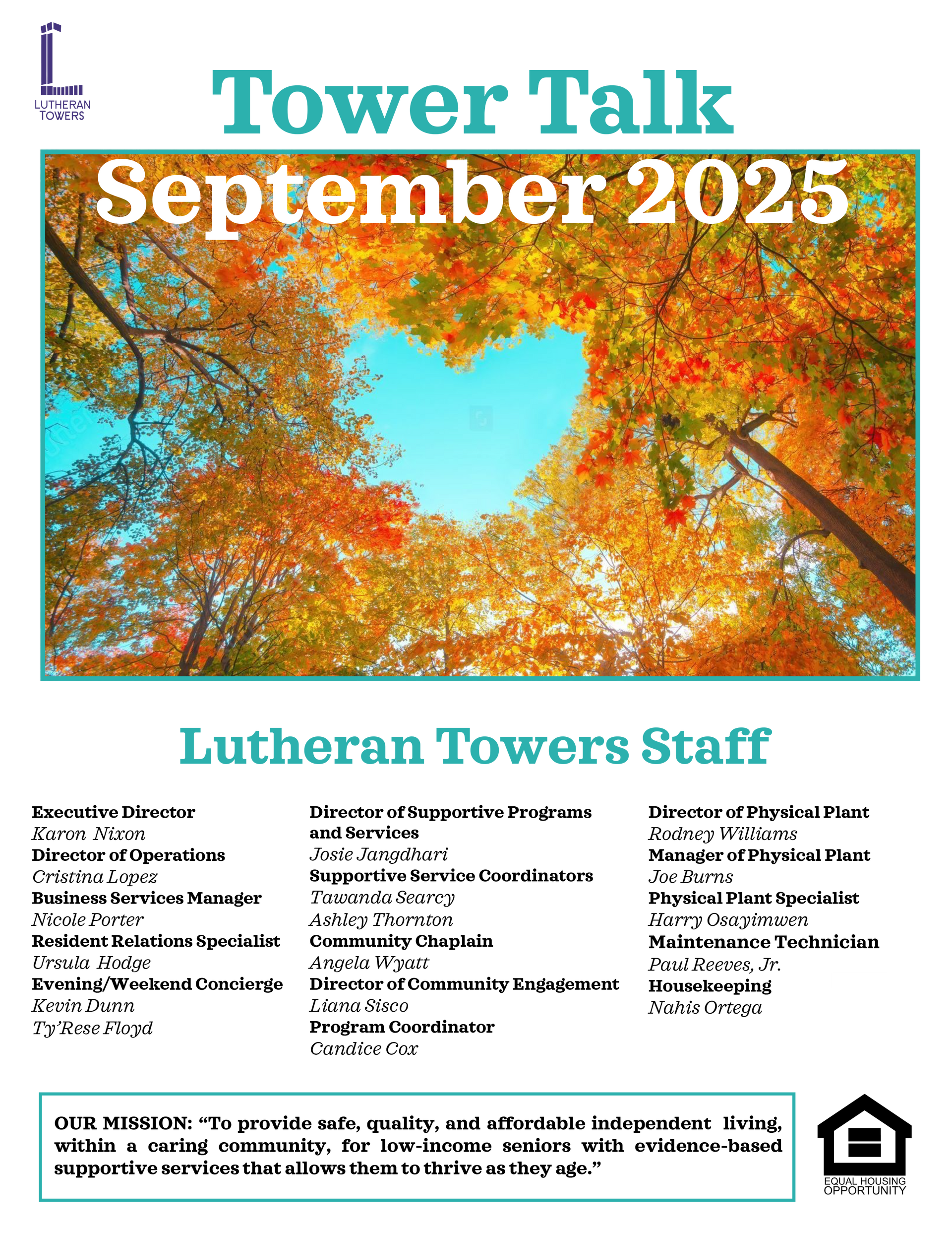 Tower Talk September 2025 newsletter cover with heart-shaped sky view. Lutheran Towers staff list below.