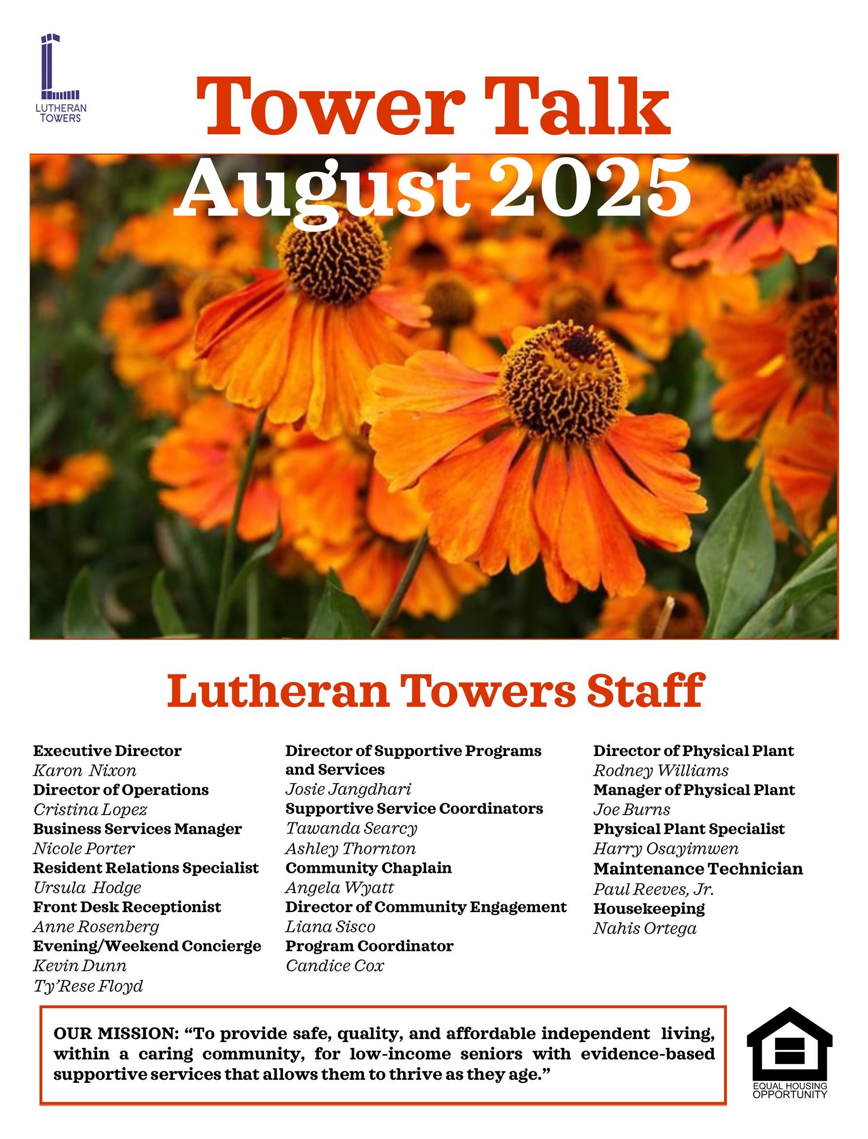 Tower Talk newsletter, August 2025 with orange flowers. Staff listed for Lutheran Towers.
