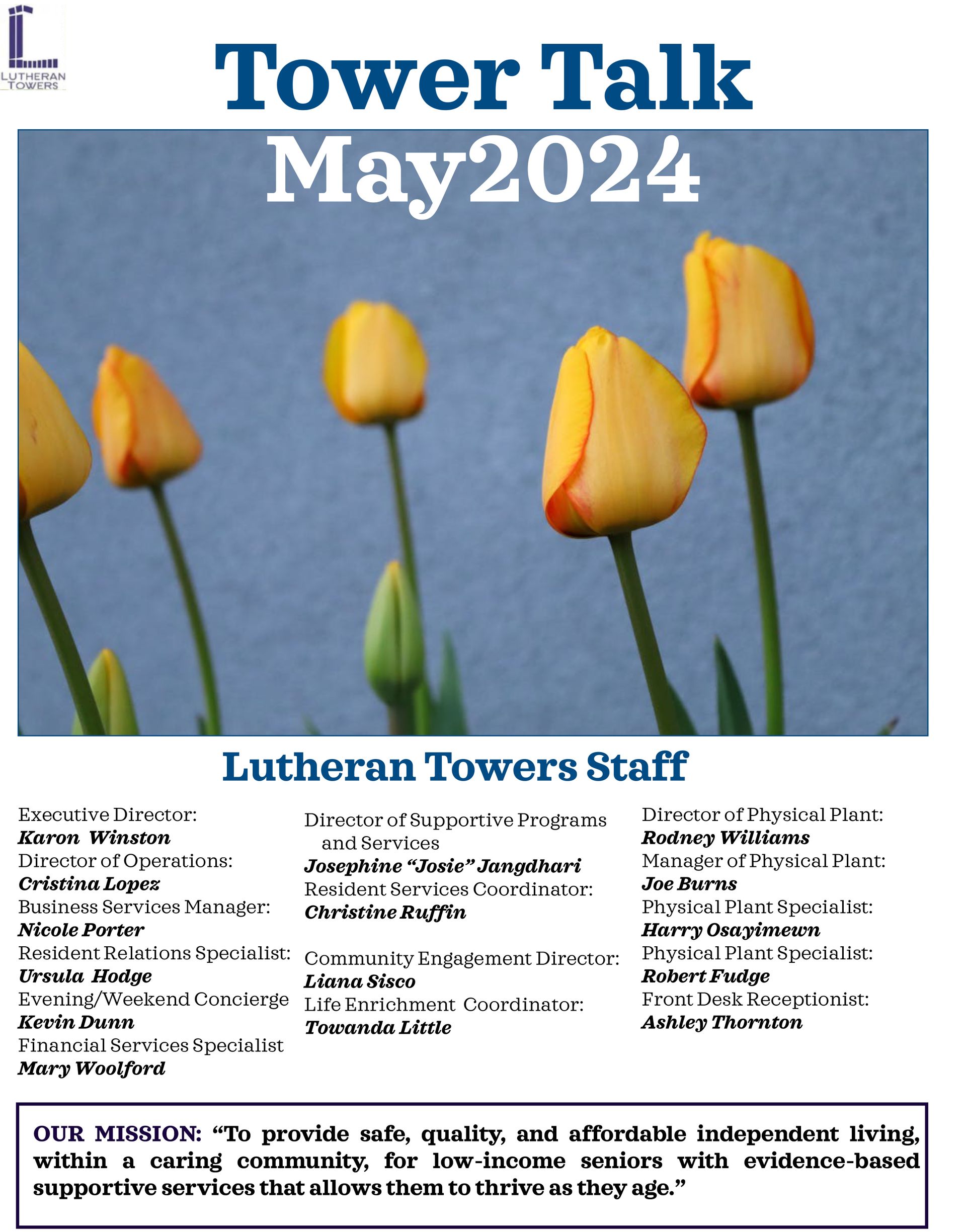 Lutheran Towers newsletter cover: yellow tulips against a blue background, staff list, and mission statement.
