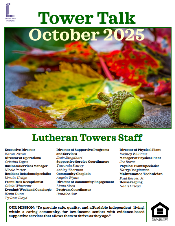 October 2025 newsletter cover: Colorful leaves and acorn, with Lutheran Towers staff list.