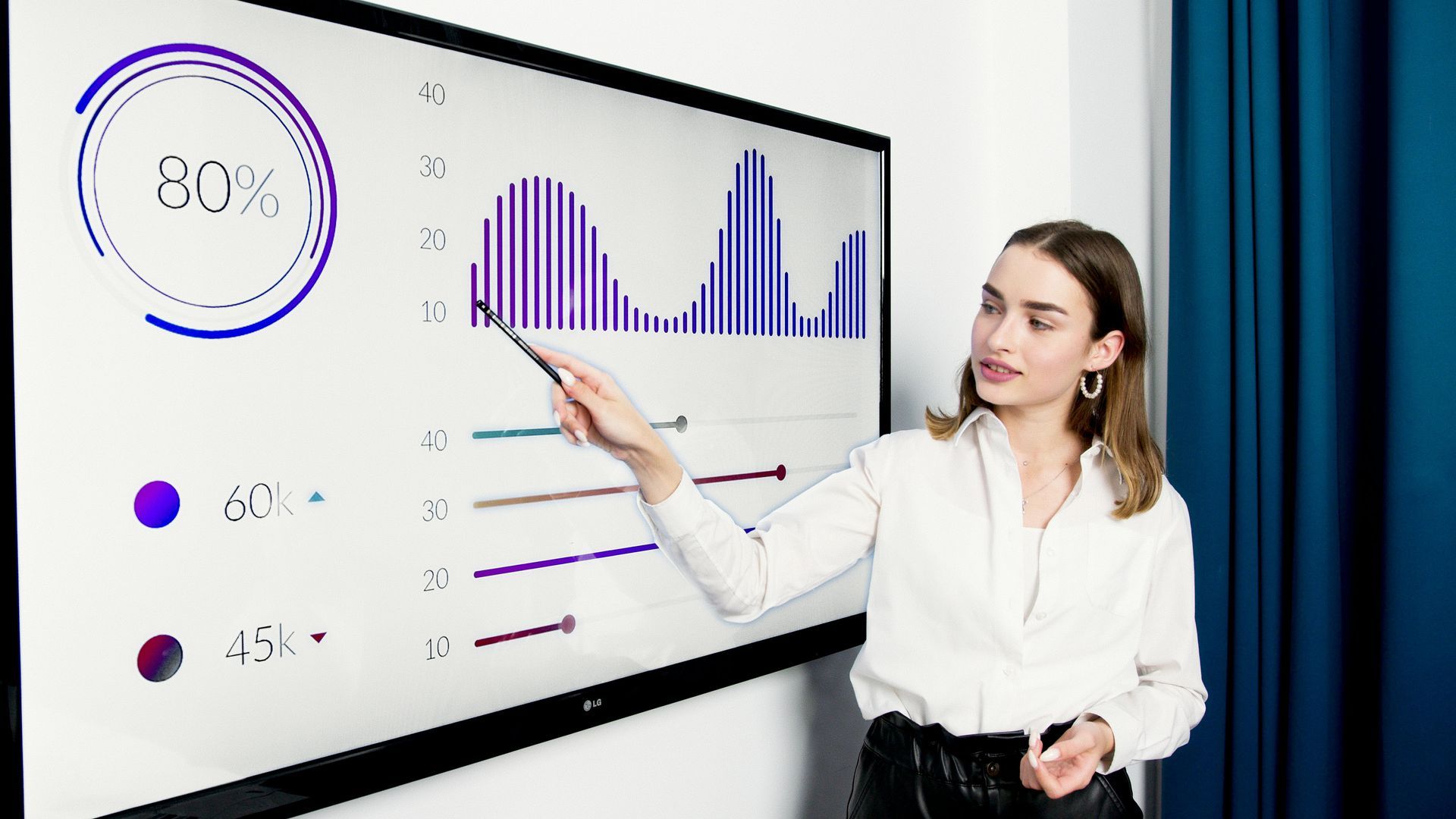 Woman presenting data on a screen, pointing to a graph with a pen. Purple and blue graphs, white background.