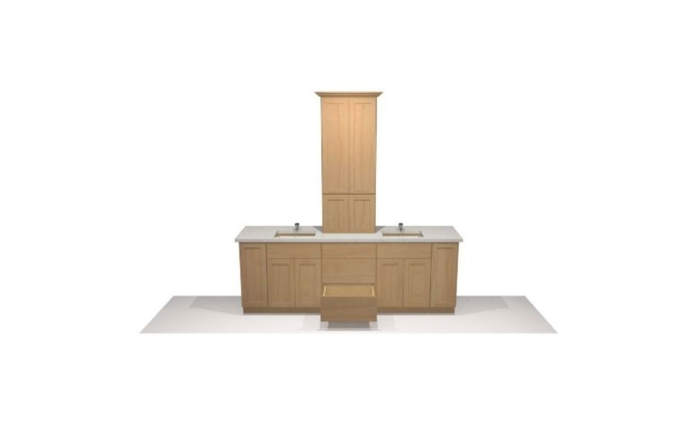 Rendering of a wooden bathroom vanity set with two sinks, tower cabinet, and the lower drawer open.