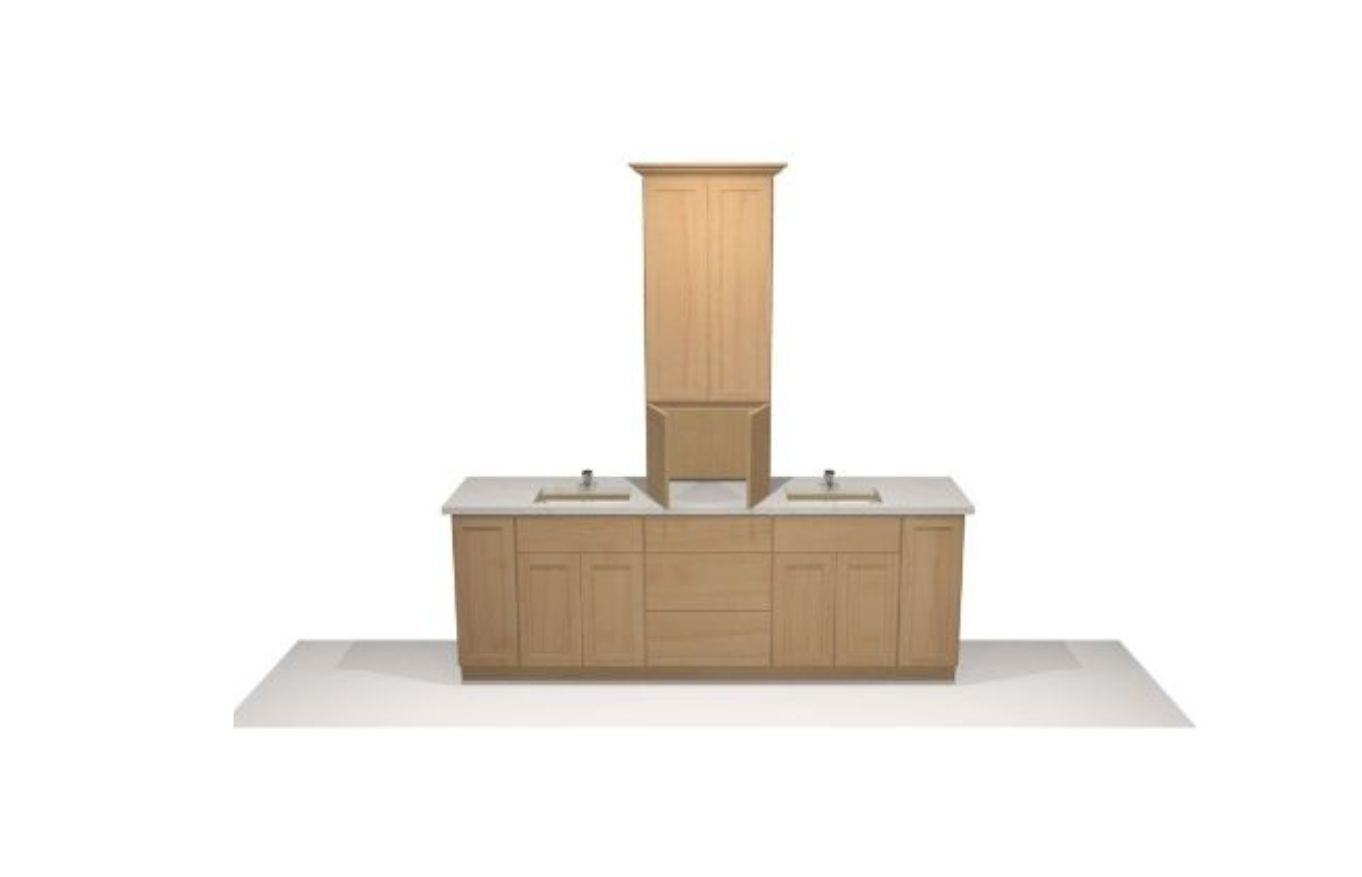 Rendering of a bathroom vanity with two sinks, tan cabinets, and tall center storage with the bottom of the tower showing open doors.