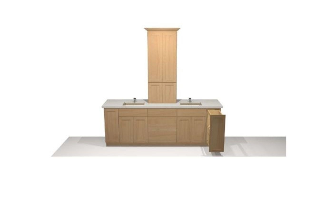Rendering of a bathroom vanity with two sinks, light wood cabinets, and tall central cabinet with the right cabinet pulled out showing the organizer feature.