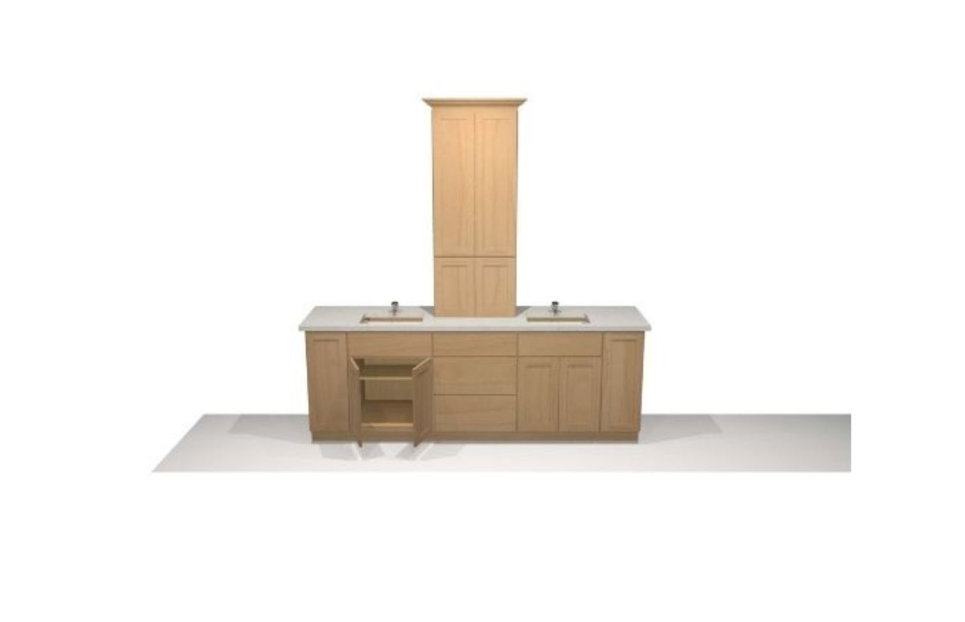 Rendering of a bathroom vanity with two sinks, light wood cabinets, and tall storage cabinet, with the doors of the cabinet open under the left sink.