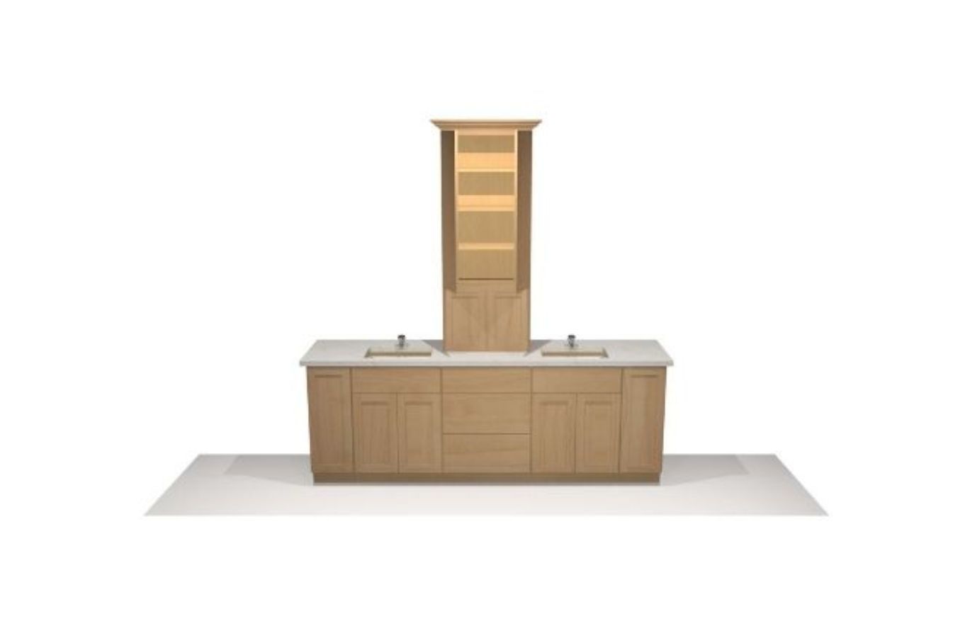 Rendering of a bathroom vanity with double sinks, light wood cabinets, and tall storage cabinet in the middle. The upper tower is shown with open doors.