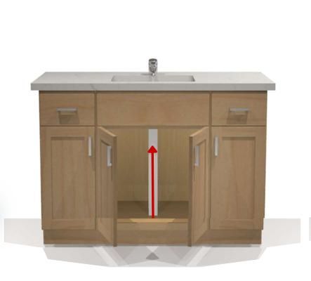 Rendering of a beige bathroom vanity with open doors, plumbing visible with red arrow.