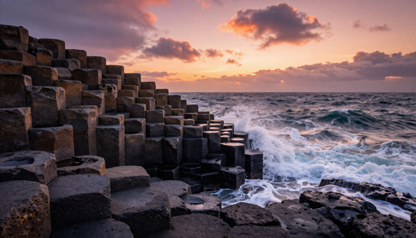 The iconic hexagonal basalt columns of the Giant's Causeway in Northern Ireland.