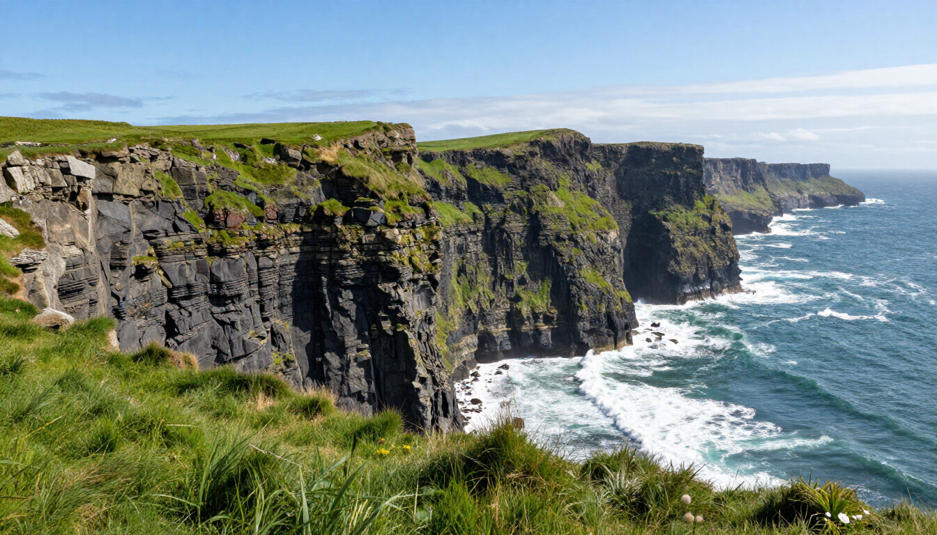 Scenic view of the Irish coastline and green fields.