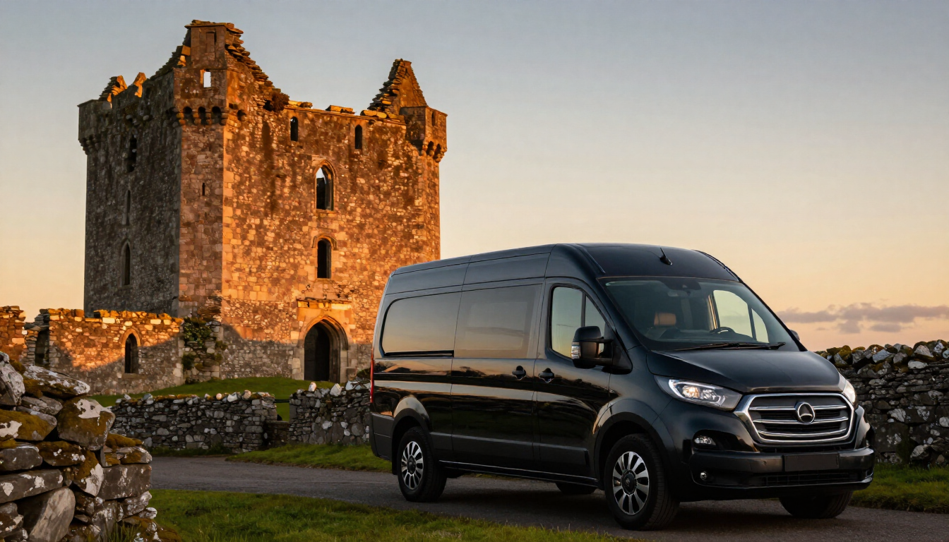 Luxury tour vehicle at castle