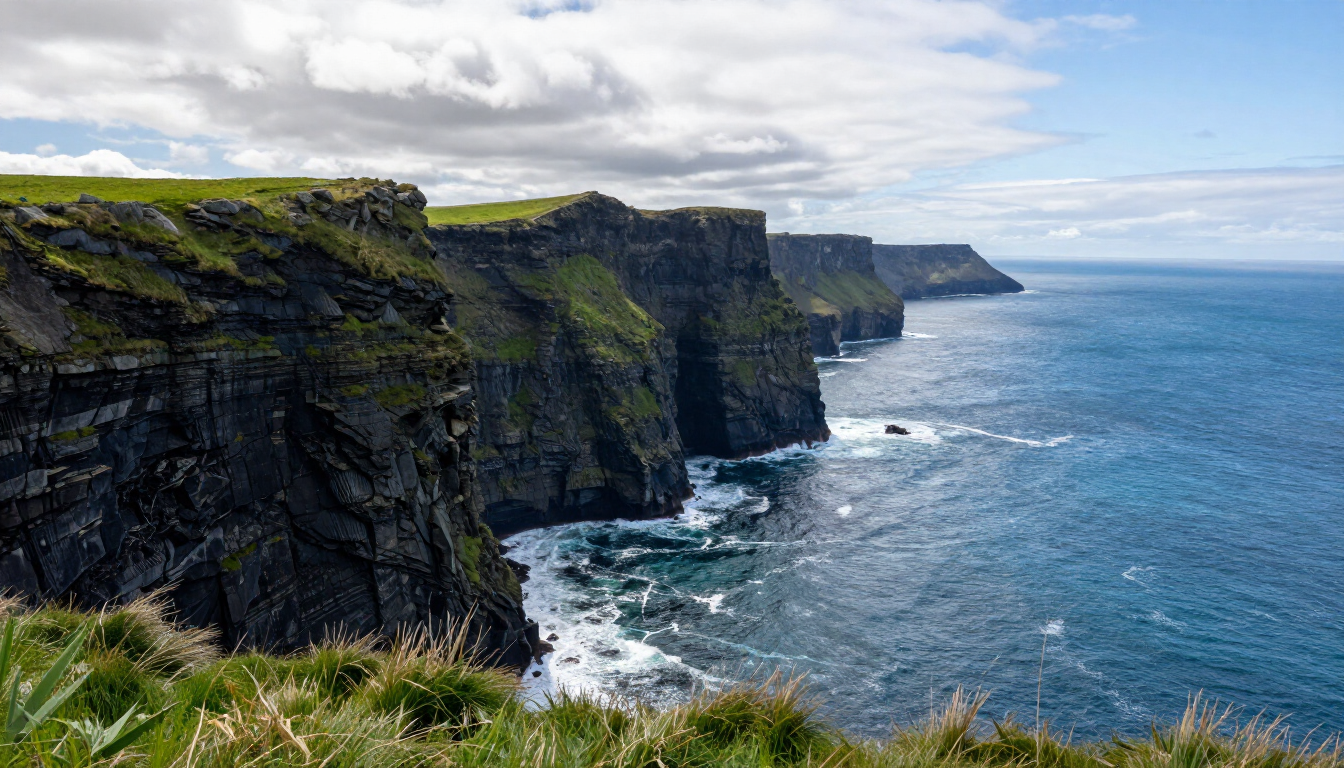 Panoramic view of the Irish coastline and green fields at sunset.