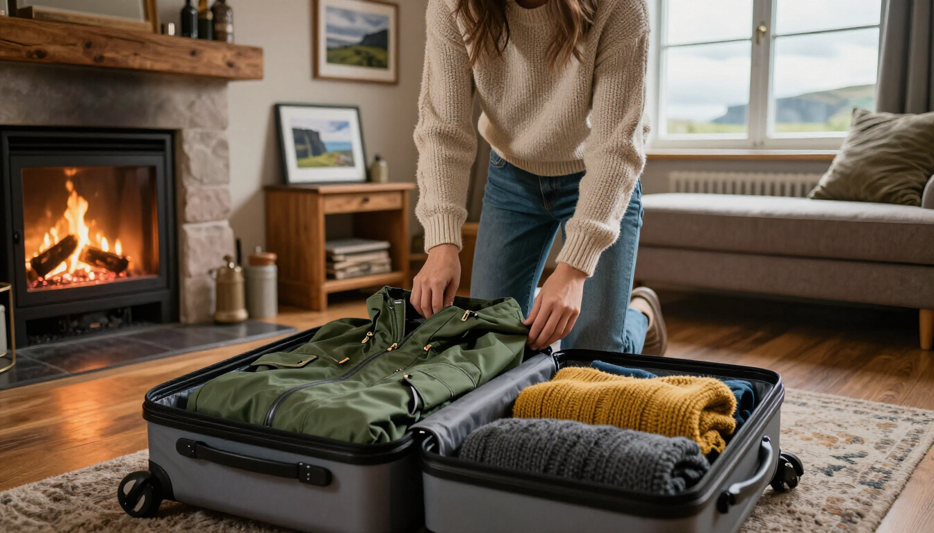 A traveler preparing their Ireland packing list with layers and rain gear for a trip to Ireland.