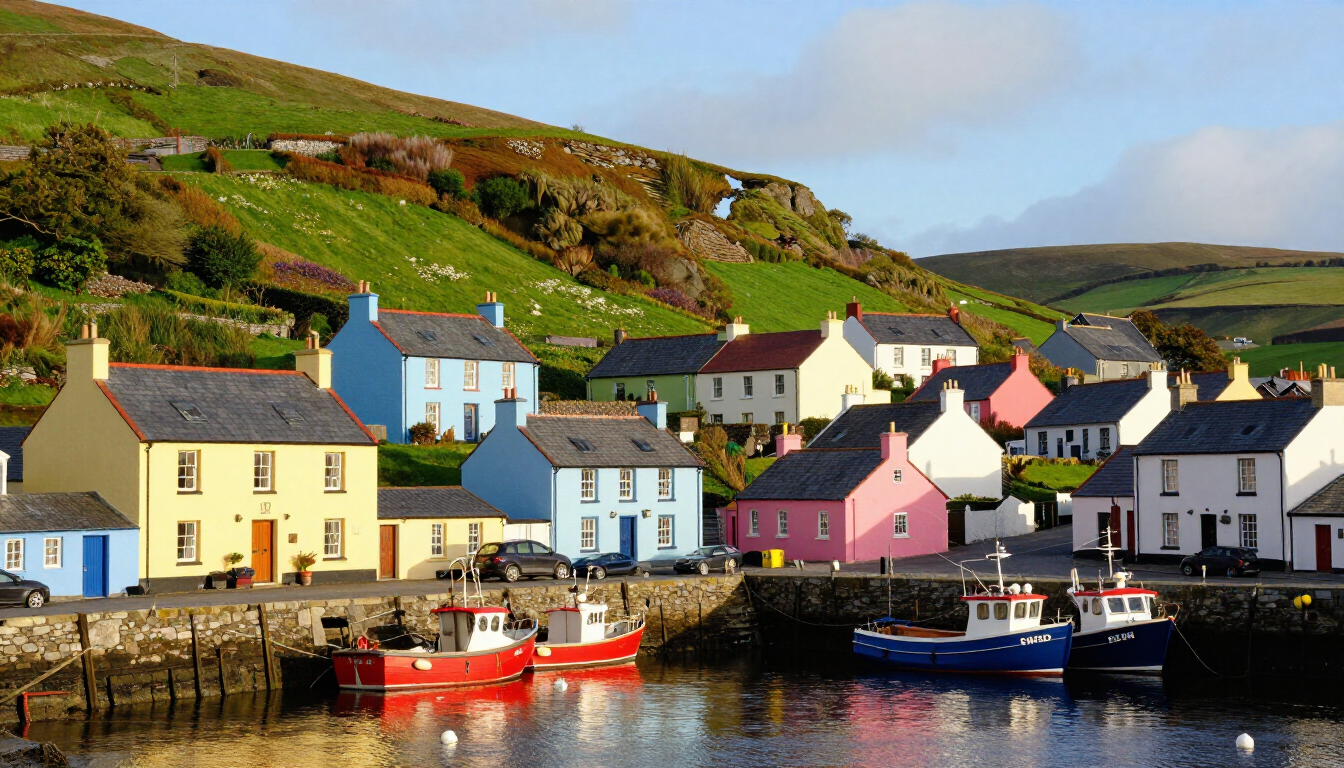 A charming and colourful Irish village street with traditional architecture and rolling hills.