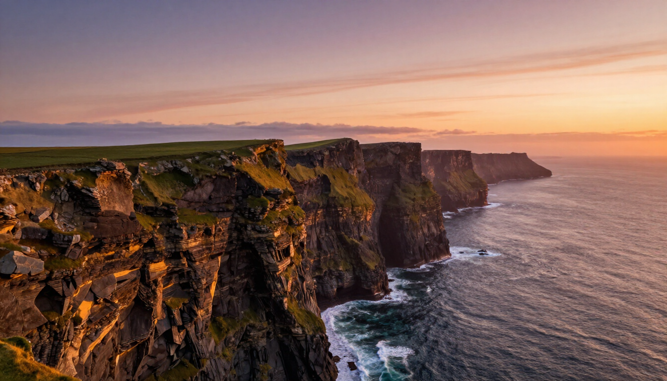 A luxury vehicle driving along a winding Irish coastal road overlooking the Atlantic Ocean.