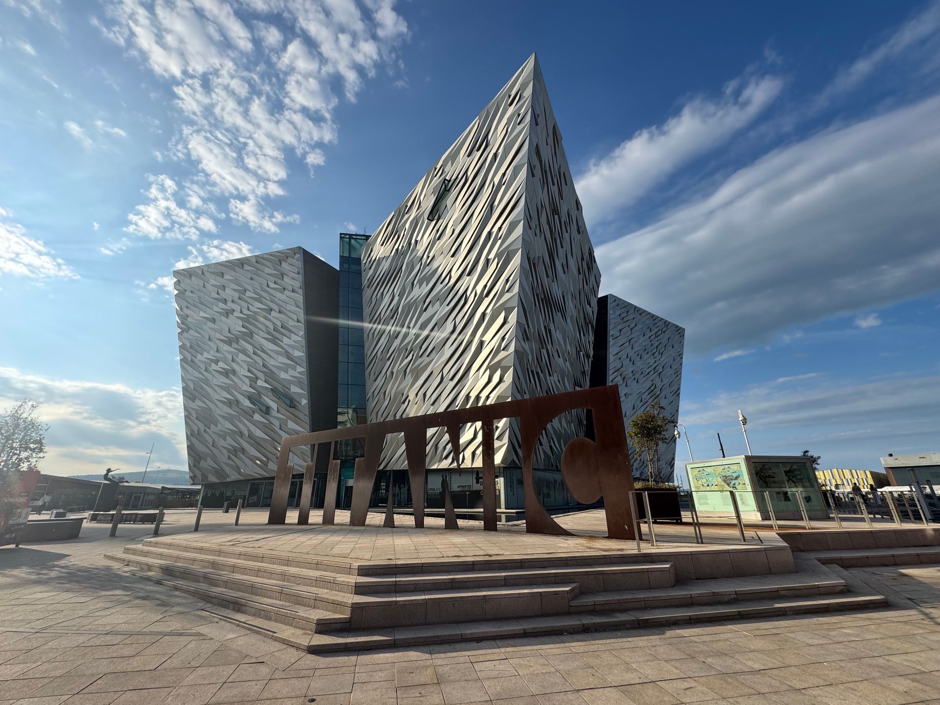 he modern, shimmering architecture of the Titanic Belfast museum in the historic Titanic Quarter.