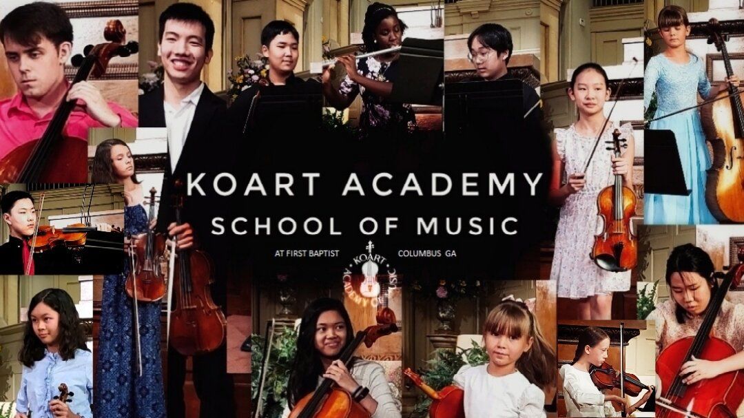 A collage of people playing musical instruments with the words koart academy school of music