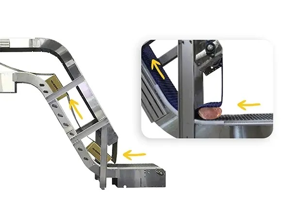 Metal grating stairs with a support structure, viewed from the side.