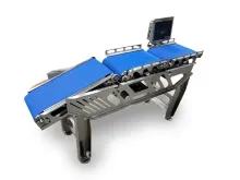 Stainless steel conveyor belt system with blue belts and a digital display.