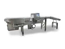 Metal detector conveyor system, stainless steel, with control panel.