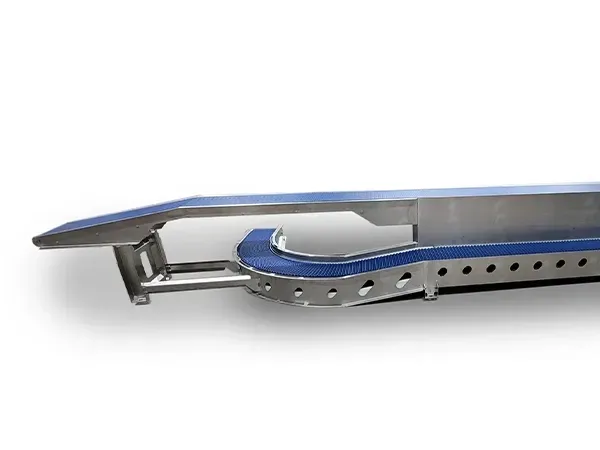 Stainless steel conveyor belt system with blue belts and a digital display.