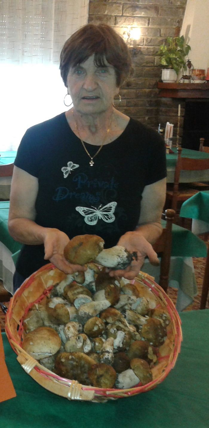 Una donna tiene in mano una ciotola di funghi.