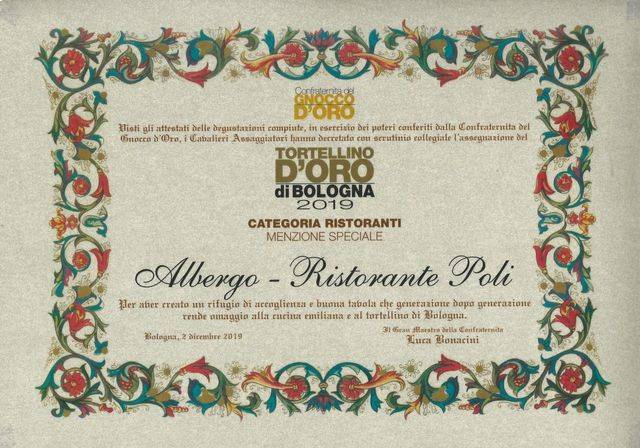 A certificate that says albergo ristorante poli on it