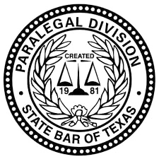 Paralegal Division, State Bar of Texas seal with scales, laurel branches, and text.