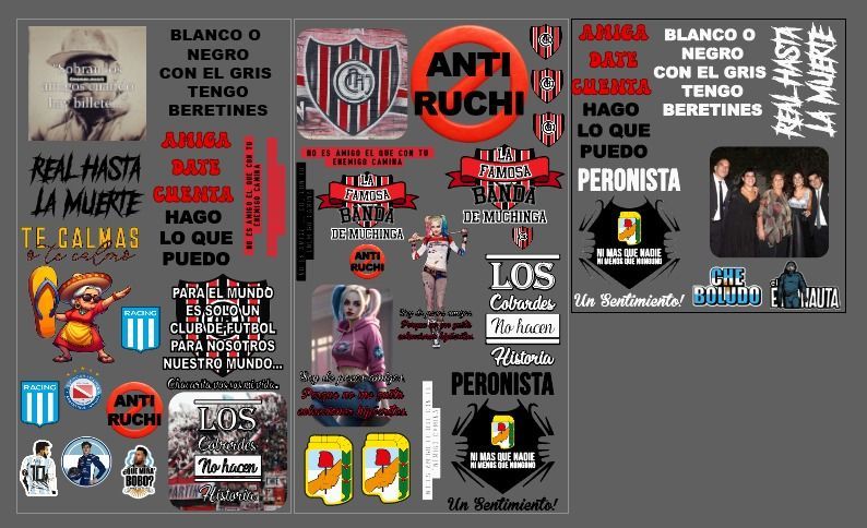 Collage de stickers con textos e imágenes relacionados con temáticas políticas, fanáticas y culturales.