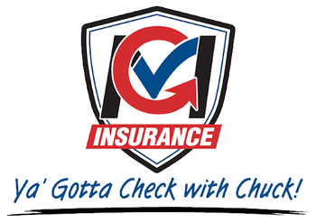 A logo for an insurance company that says ya gotta check with chuck