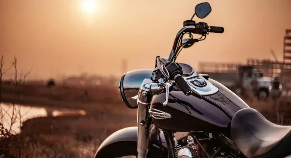 A motorcycle is parked in a field at sunset.