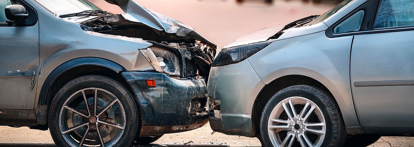 Two cars involved in a head-on collision, showing significant damage to both vehicles.