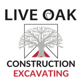 A logo for live oak construction with a tree and a phone number.