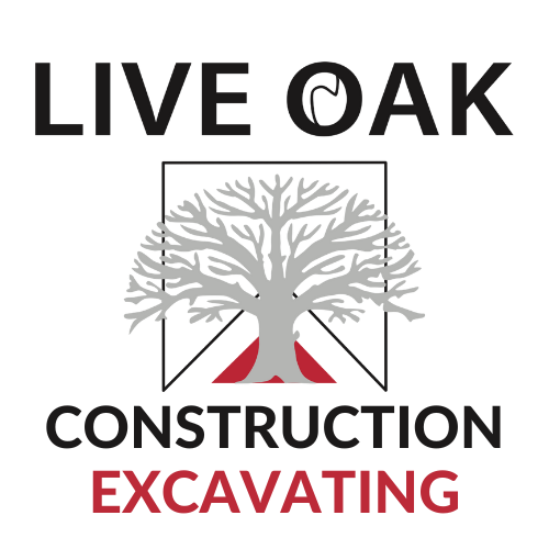 A logo for live oak construction with a tree and a phone number.