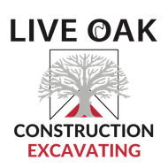 A logo for live oak construction with a tree and a phone number.