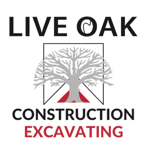 Logo for Live Oak Construction Excavating: Text above a grey tree graphic inside a black square 