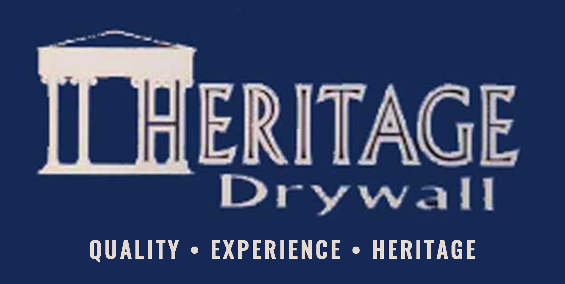 Logo for Heritage Drywall: white Greek-style building image, "HERITAGE Drywall" text, and "QUALITY • EXPERIENCE • HERITAGE" on navy blue.