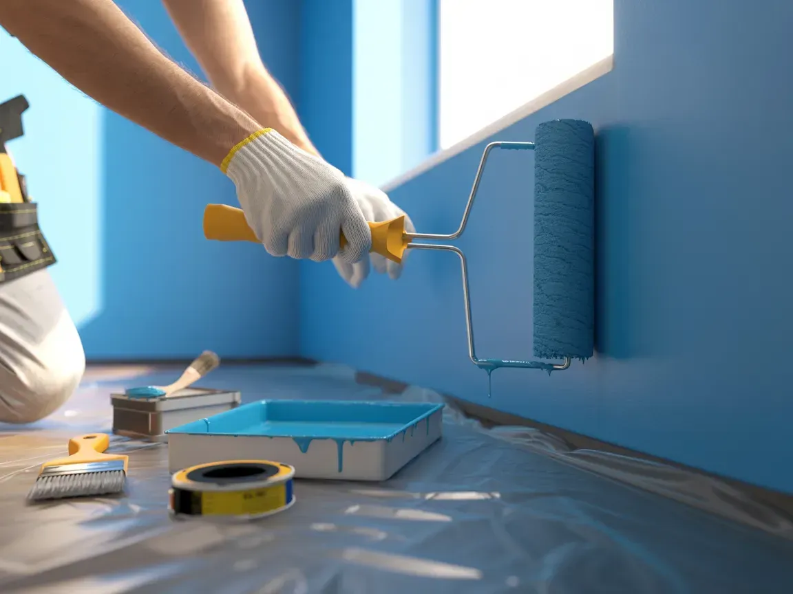 A person wearing white gloves uses a roller to paint a wall blue in a room with painting supplies on a floor cloth.