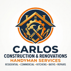 Logo for Carlos Construction & Renovations featuring a house roof, gear, and tools in blue and orange.
