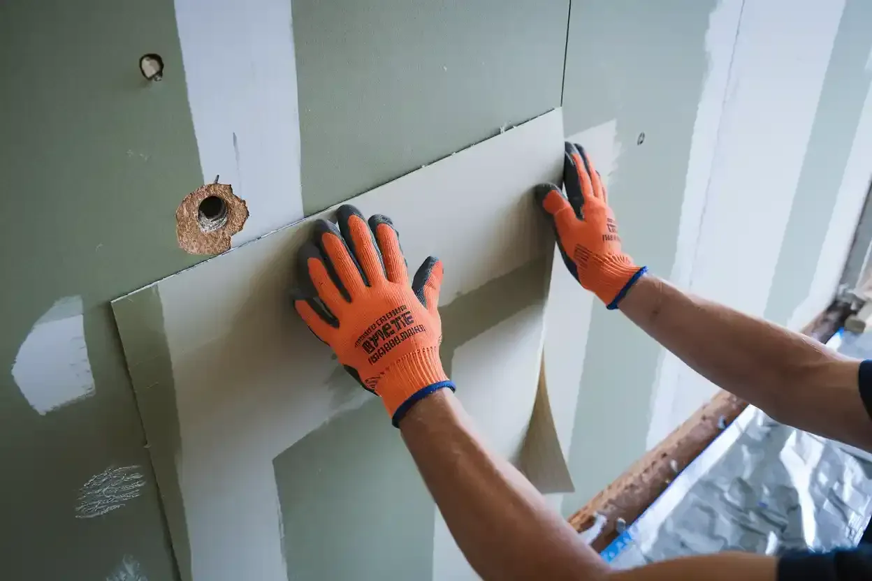A person wearing orange gloves is peeling wallpaper from a wall.