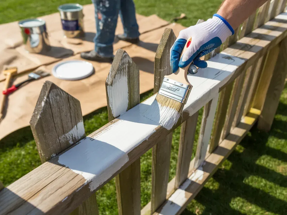 A person wearing a blue and white glove uses a brush to paint a wooden picket fence white on a sunny, grassy day.