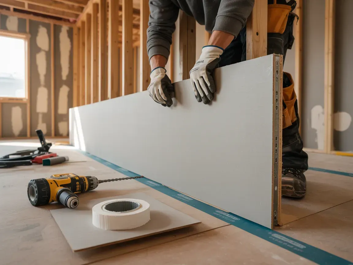 A construction worker installs a gray drywall panel in a room with wood wall framing, a drill, and tape on the floor.